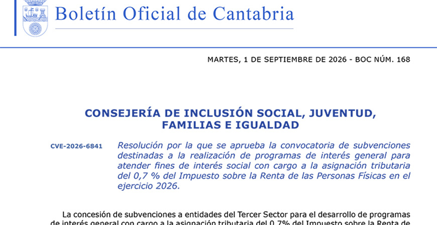 Abierta la convocatoria para las ayudas con cargo al 0,7% del IRPF para programas de inter�s general que atiendan fines de inter�s social