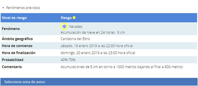 La Aemet activa el aviso amarillo por nieve para la Cantabria del Ebro