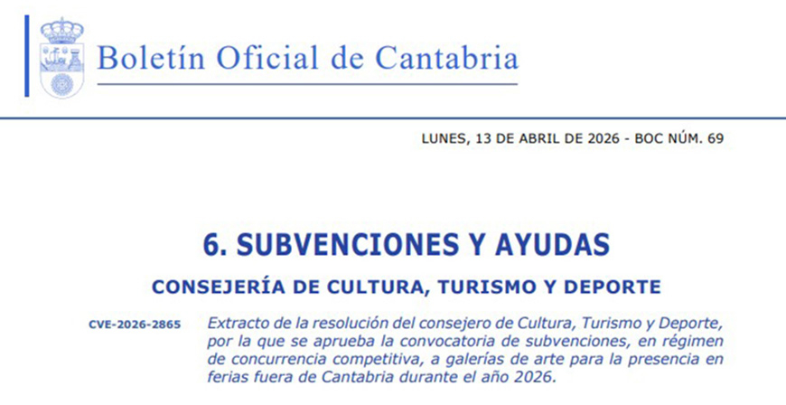 Cultura convoca ayudas por 85.000 euros dirigidas a galer�as de arte c�ntabras para facilitar su participaci�n en ferias nacionales e internacionales 