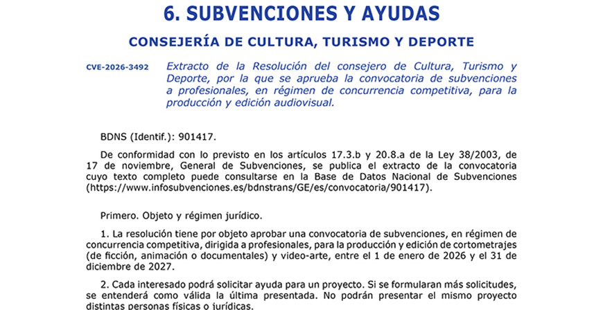 Cultura destinar� 80.000 euros en ayudas a profesionales para la producci�n y edici�n audiovisual