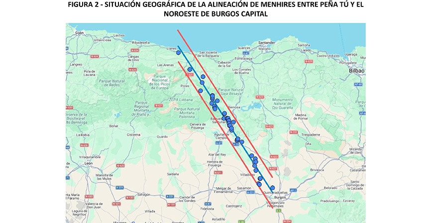 Estudio matem�tico de una alineaci�n de menhires de unos 140 km, entre Pe�a t� (Asturias) y el Noroeste de Burgos capital