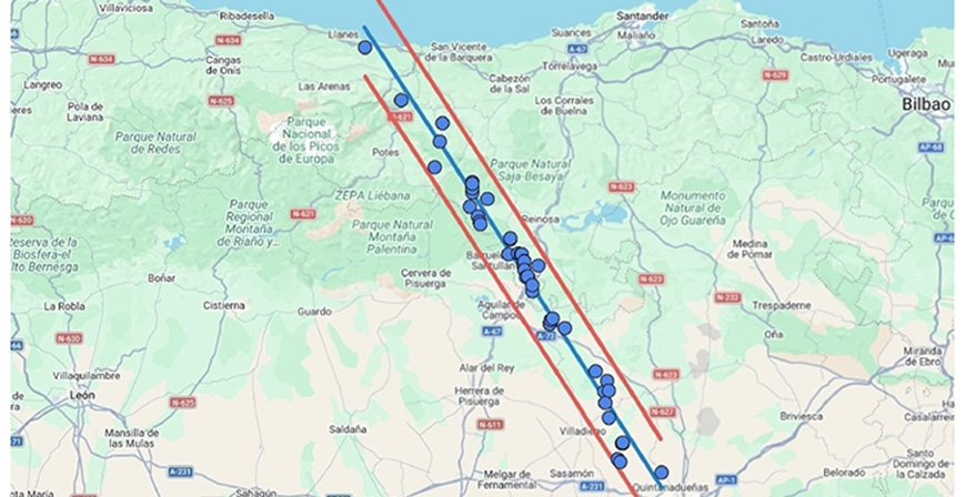 Estudio matem�tico de una alineaci�n de menhires de unos 140 km, entre Pe�a t� (Asturias) y el Noroeste de Burgos capital
