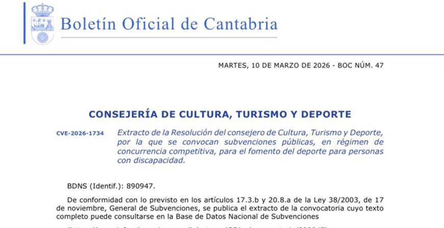 El Gobierno de Cantabria convoca ayudas por un valor de 45.000 euros para el fomento del deporte entre personas con discapacidad