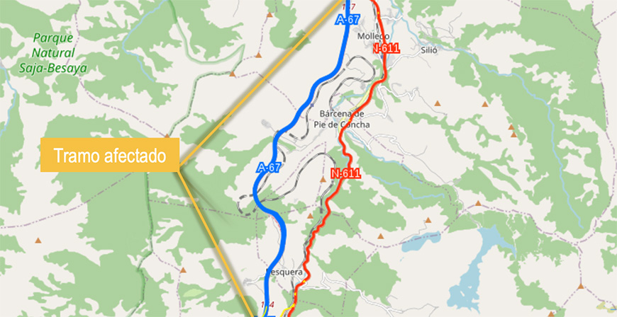 El trfico en la A-67 estar cortado entre Pesquera y Santa Cruz de Igua desde las 23.00 del mircoles hasta las 5.00 horas del jueves