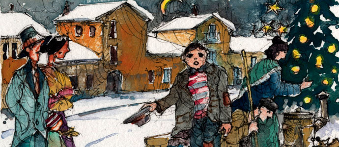 Vsperas de Navidad, la familia de Pablito bajo una fuerte nevada peda en la calle